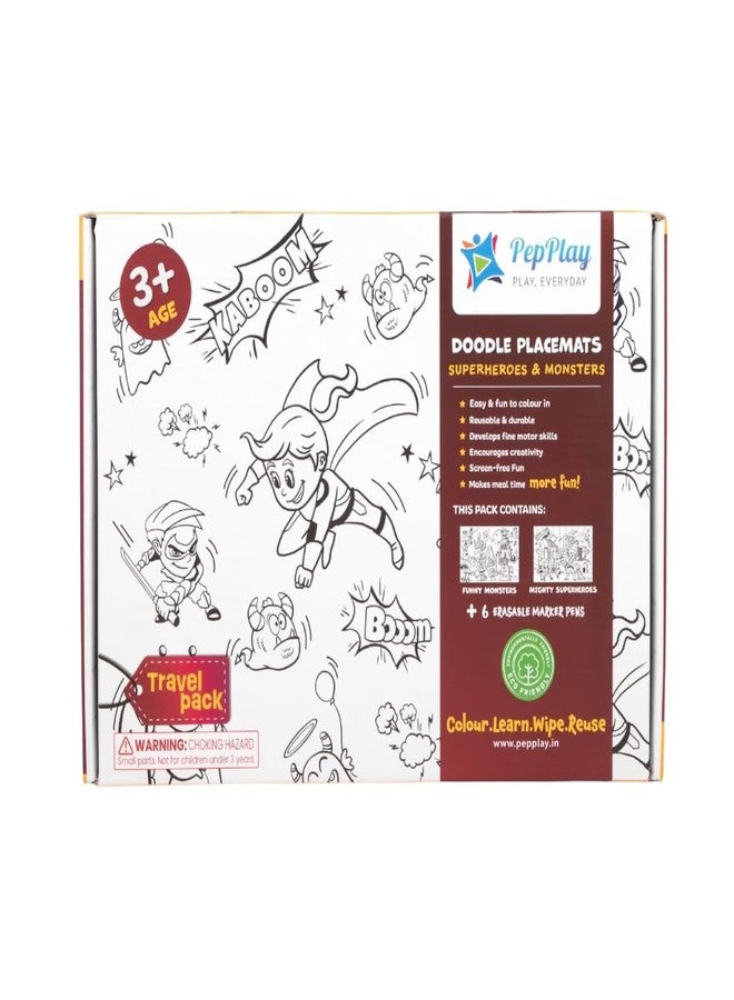 PepPlay Doodle Placemats - Superheroes and Monsters, 2 Coloring mats & 6 Quick Dry Smudge-Free Markers, Travelling Toys, No Mess Art Kit, Color and Wipe, Gifts for 3-7 Years - Image 1